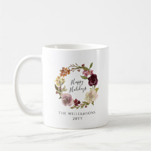 Happy Holidays Floral Wreath Family Name Coffee Mug