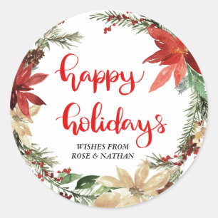 Happy Holidays Floral Wreath Modern Script Classic Round Sticker