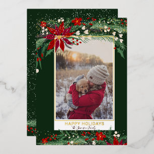 Happy holidays floral wreath snow photo foil holiday card