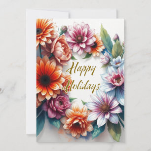 Happy Holidays Flowers Watercolor Merry Christmas Holiday Card