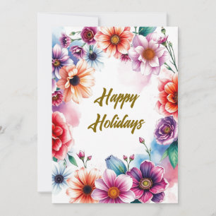 Happy Holidays Flowers Watercolor Merry Christmas Holiday Card