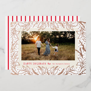 Happy Holidays Forest Foliage Red Rose Gold Photo Foil Holiday Card