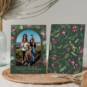 Happy Holidays Forest Green & Pink Botanical Arch Holiday Card