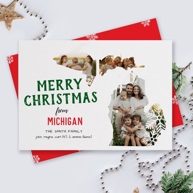 Happy Holidays from Michigan Three Photo Holiday Card (From Michigan state with love three photo Christmas holiday card and moving announcement)