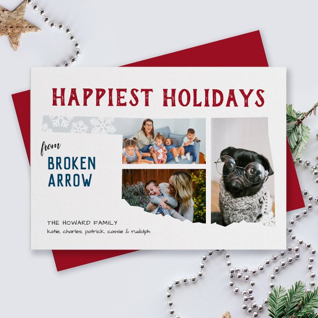Happy Holidays from Oklahoma Three Photo Moving Holiday Card (From the state of Oklahoma with love three photo Christmas holiday card and moving announcement)