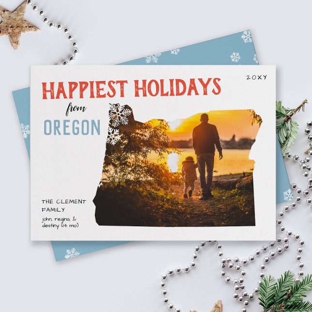Happy Holidays from Oregon Photo Card (From the state of Oregon with love two photo Christmas holiday card and moving announcement)