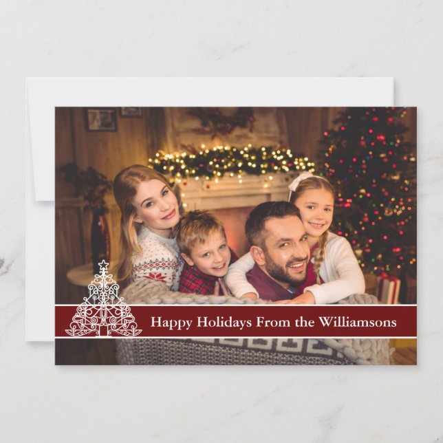 Happy Holidays Full Card Photo White Outline Tree (Front)