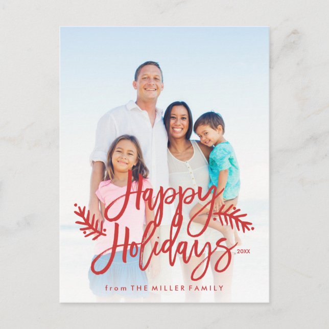 Happy Holidays Full Photo Chic Hand Lettered Red Holiday Postcard (Front)