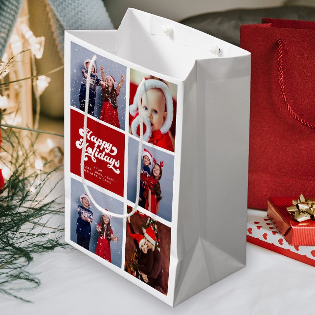 Happy Holidays Fun Simple Retro Typography Photo Medium Gift Bag (Creator Uploaded)