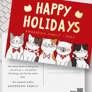 Happy Holidays Funny Cute Cats Caroling Foil Holiday Postcard