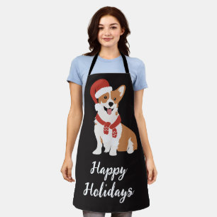 Happy Holidays Funny Cute Christmas dog Red Black Apron