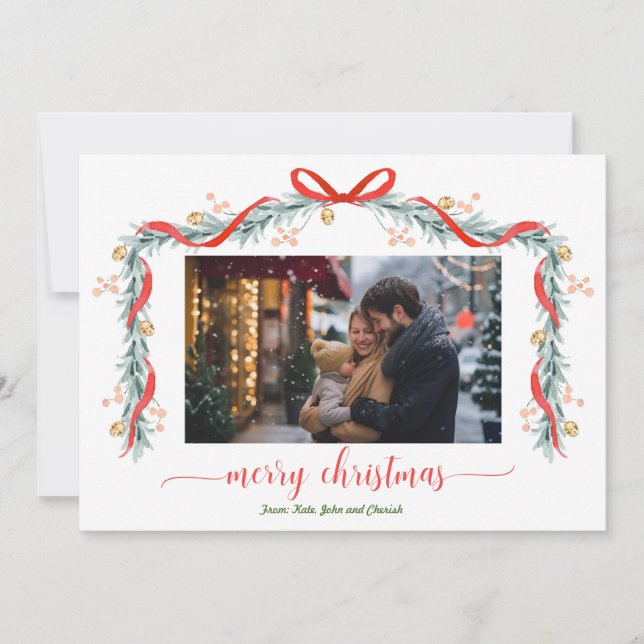 Happy Holidays Garland Bell Photo Christmas Card (Front)