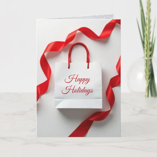 Happy Holidays Gift Bag With Red Ribbons Card (Front)