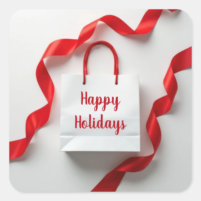 Happy Holidays Gift Bag With Red Ribbons Square Sticker (Front)