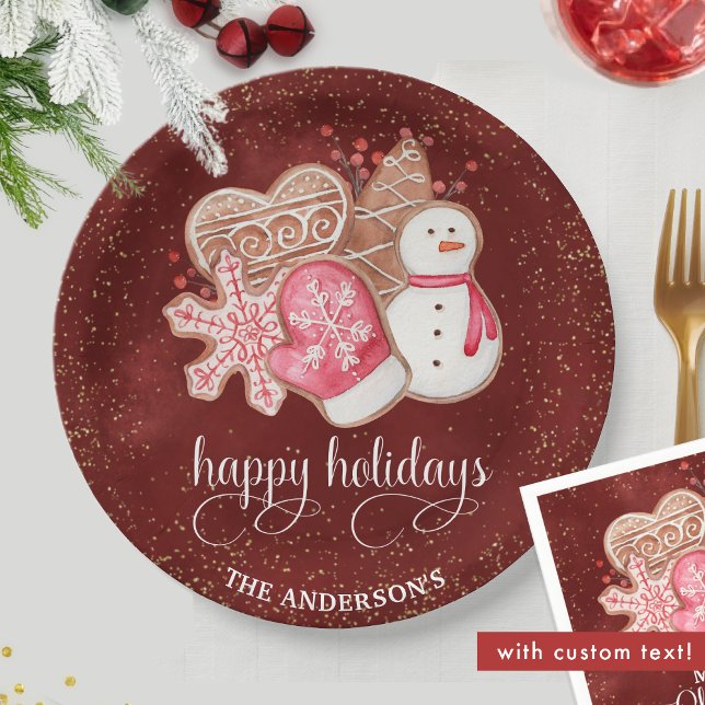Happy Holidays, Gingerbread Cookies, Red and Gold Paper Plate (Creator Uploaded)