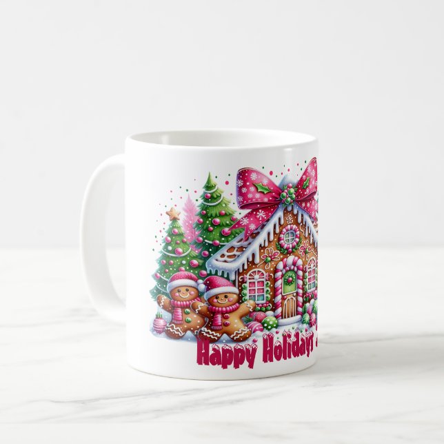 Happy Holidays Gingerbread House Christmas Mug (Front Left)