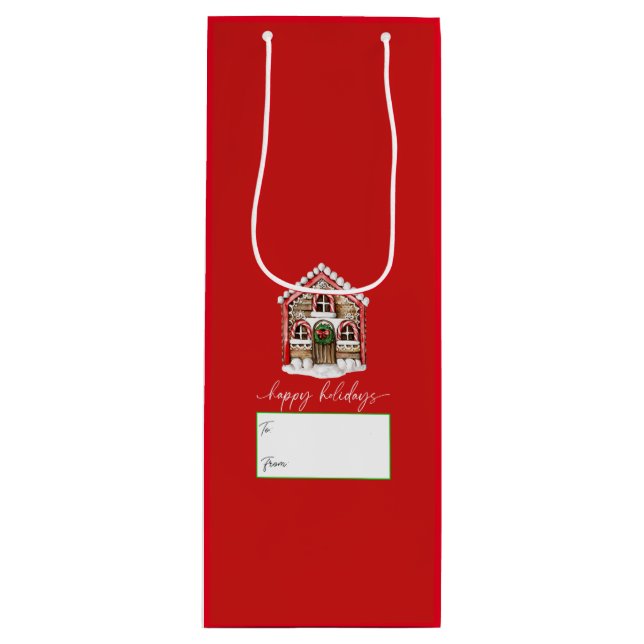Happy Holidays Gingerbread House Christmas Red Wine Gift Bag (Front)
