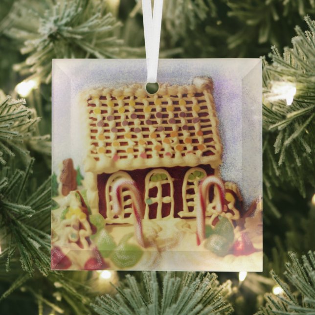 Happy Holidays Gingerbread House Square Glass Tree Decoration (Insitu)