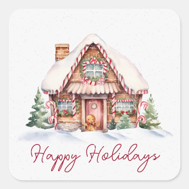 Happy Holidays Gingerbread House Square Sticker (Front)
