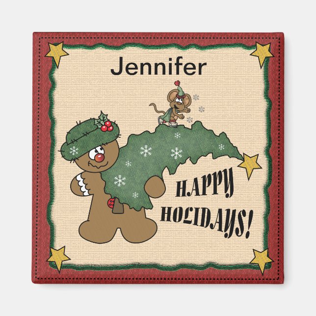 Happy Holidays Gingerbread Man and Mouse Magnet (Front)