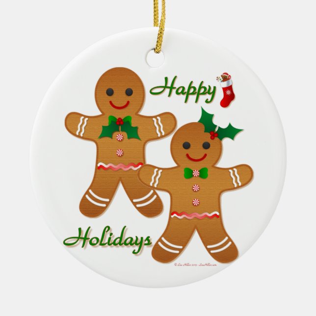 Happy Holidays Gingerbread Man Boy Girl Ceramic Ornament (Front)