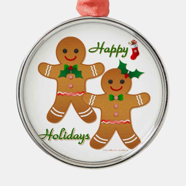 Happy Holidays Gingerbread Man Boy Girl Metal Ornament (Front)