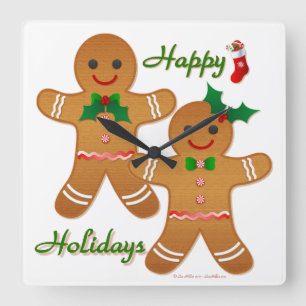 Happy Holidays Gingerbread Man Boy Girl Square Wall Clock
