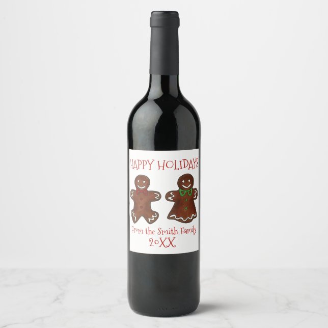 Happy Holidays Gingerbread Man Lady Christmas Gift Wine Label (Front)