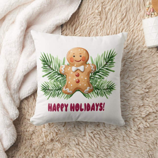 Happy Holidays Gingerbread Man & Pine Branches Cushion (Blanket)