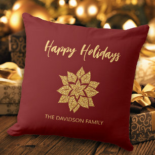 Happy Holidays Glitter Poinsettia Christmas Cushion