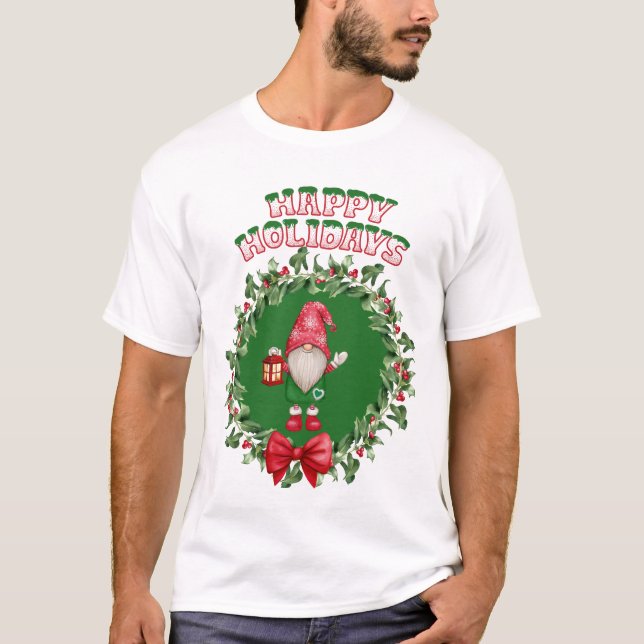 Happy Holidays Gnome inside A Christmas Wreath  T-Shirt (Front)