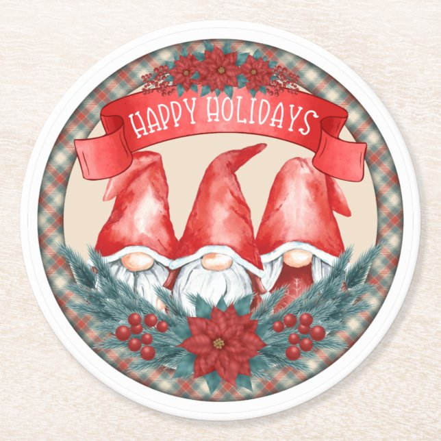 Happy Holidays Gnomes Round Paper Coaster (Front)