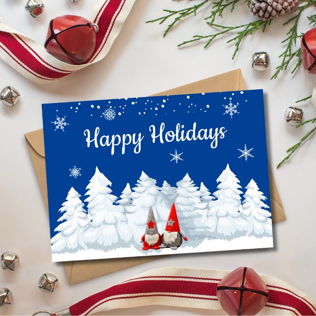 Happy Holidays Gnomes Snowy Trees Holiday Card (Creator Uploaded)
