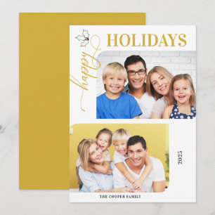 Happy Holidays Gold and White 2 Photos Holiday Car Card