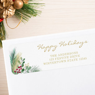 Happy Holidays Gold Berries Return Address Label