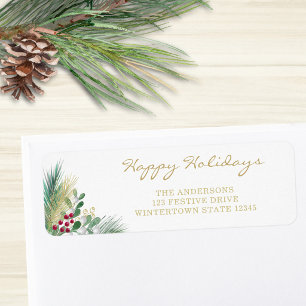 Happy Holidays Gold Berries Return Address Label
