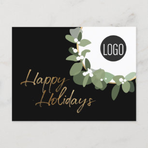 Happy Holidays Gold black wreath business logo Holiday Postcard