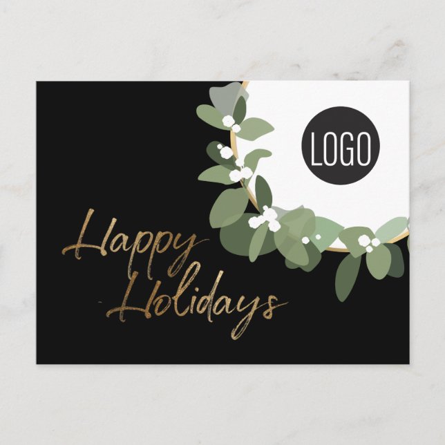 Happy Holidays Gold black wreath business logo Holiday Postcard (Front)
