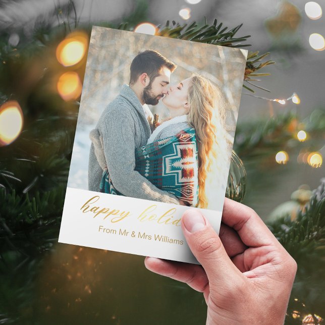 happy holidays gold calligraphy newlyweds photo card (Creator Uploaded)