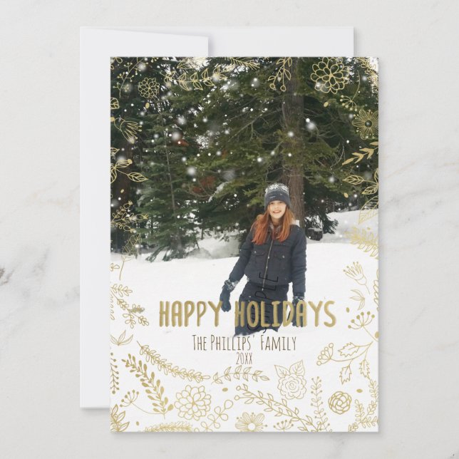 Happy Holidays Gold Floral Leaves Rustic Photo Holiday Card (Front)