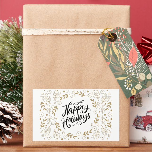 Happy Holidays Gold Floral with Branches & Blooms Rectangular Sticker (Holiday)