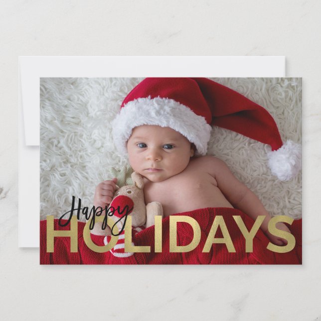 HAPPY HOLIDAYS Gold Foil & Black Modern Photo Holiday Card (Front)