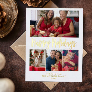 Happy Holidays   Gold Foil Multi Photo Grid Holiday Postcard