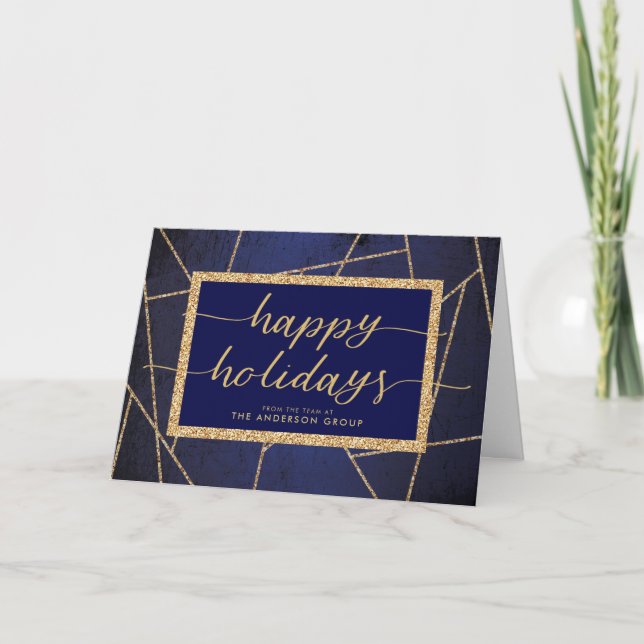 Happy Holidays Gold Glitter Dark Blue Business Holiday Card (Front)