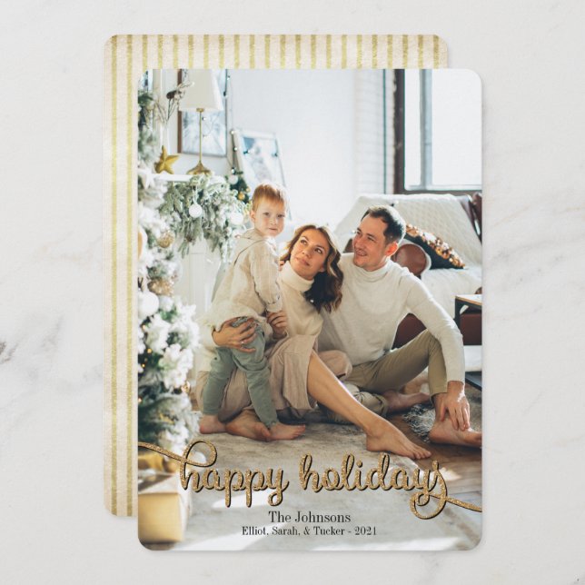 Happy Holidays Gold Glitter Photo Christmas Holiday Card (Front/Back)