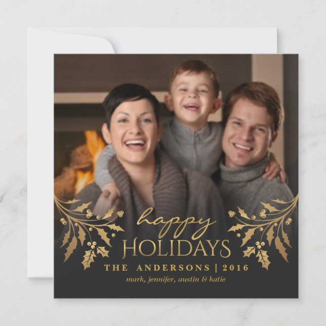 Happy Holidays Gold Holly Photo Flat Card (Front)