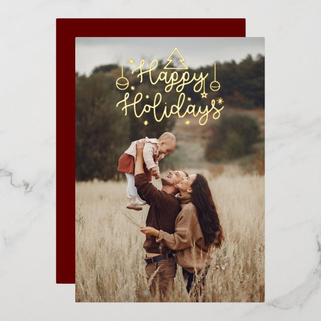 Happy Holidays Gold Lettering Christmas Photo Foil Holiday Card (Front/Back)