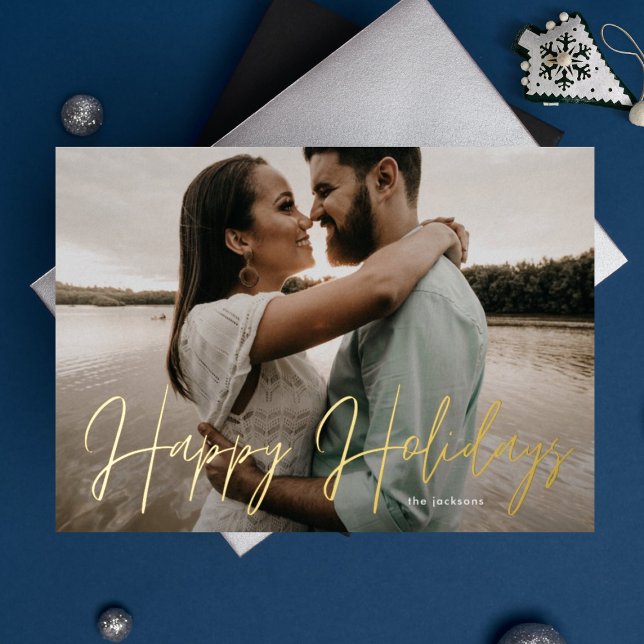 Happy Holidays Gold Pressed Hand Written Photo Foil Holiday Card (Creator Uploaded)