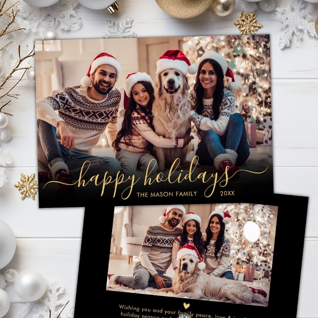 Happy Holidays Gold Script 2 Photo Christmas Holiday Card (Creator Uploaded)