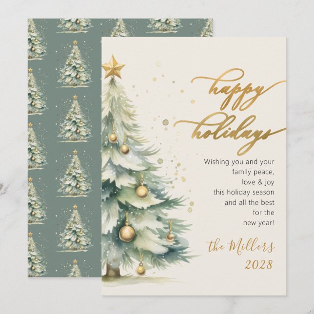 Happy Holidays Gold Script Christmas Tree Holiday Card (Front/Back)
